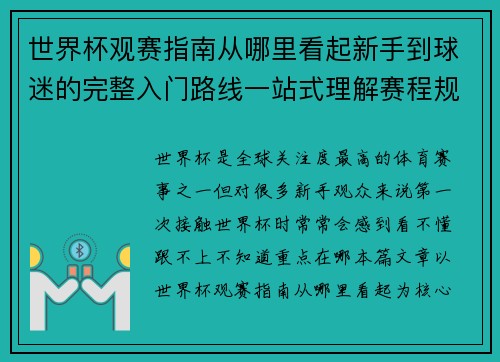 世界杯观赛指南从哪里看起新手到球迷的完整入门路线一站式理解赛程规则看点