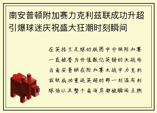南安普顿附加赛力克利兹联成功升超引爆球迷庆祝盛大狂潮时刻瞬间